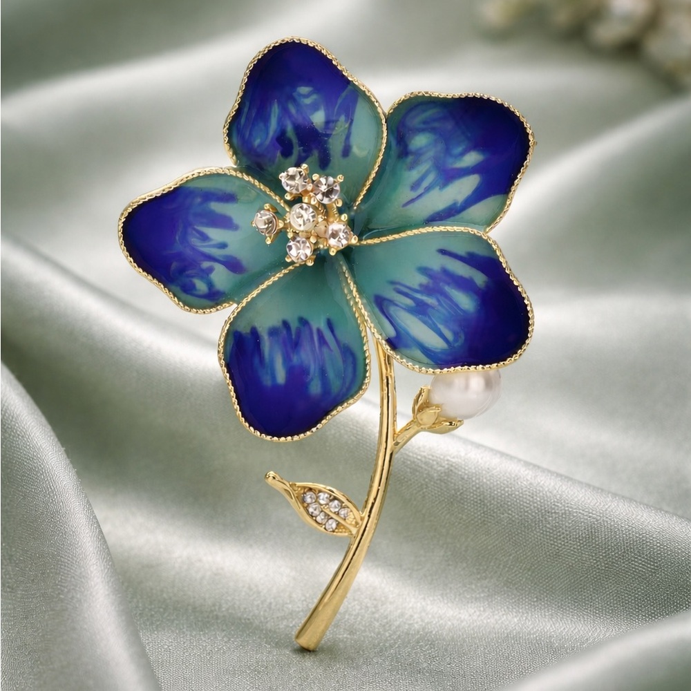 Blue Floral Blossom Gold Brooch